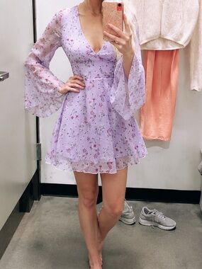 Boho Floral Print Bell Sheer Sleeve Dress
